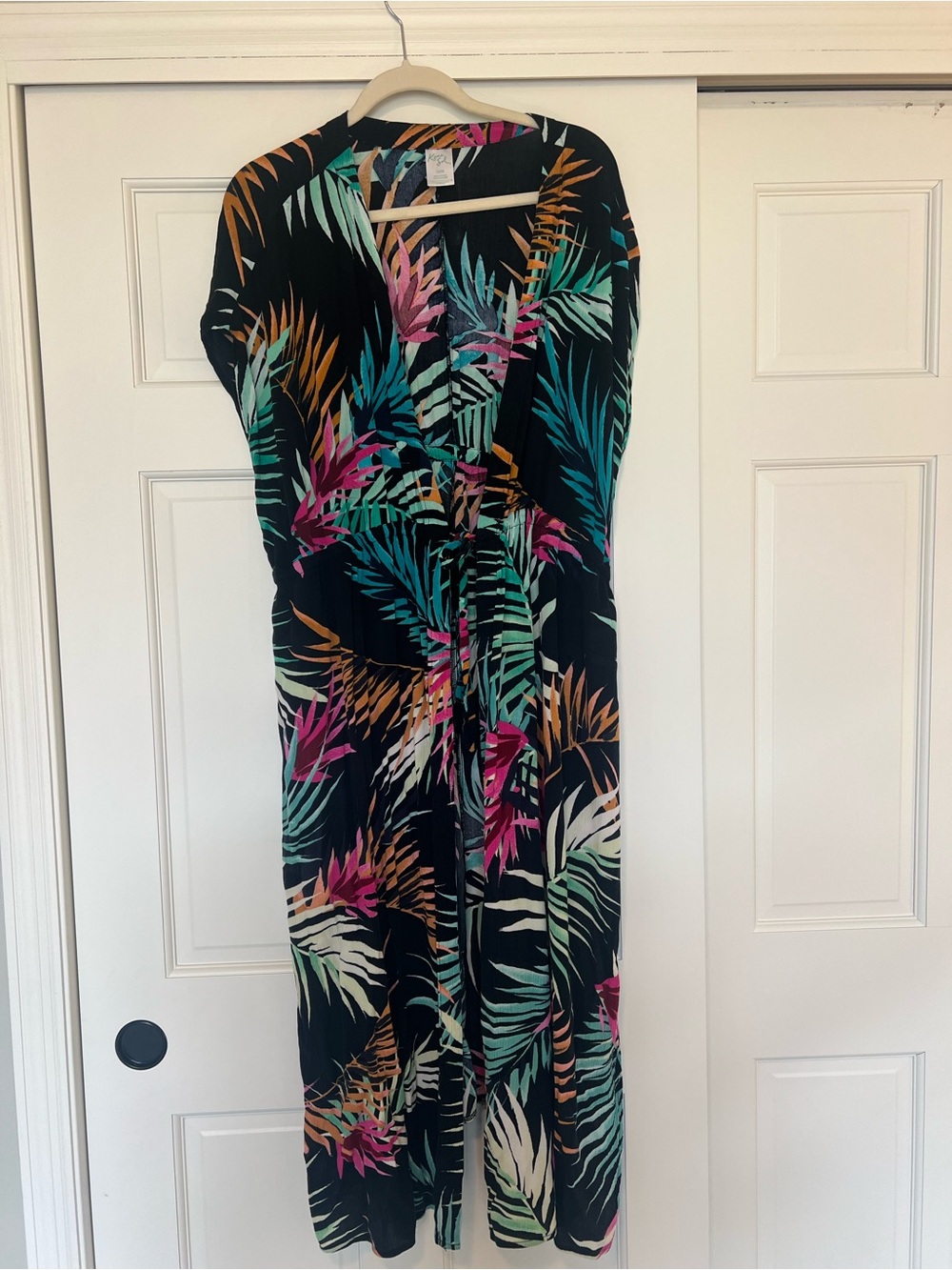 Kona Sol Black Maxi Dress with Teal, Pink & Orange Leaf Print